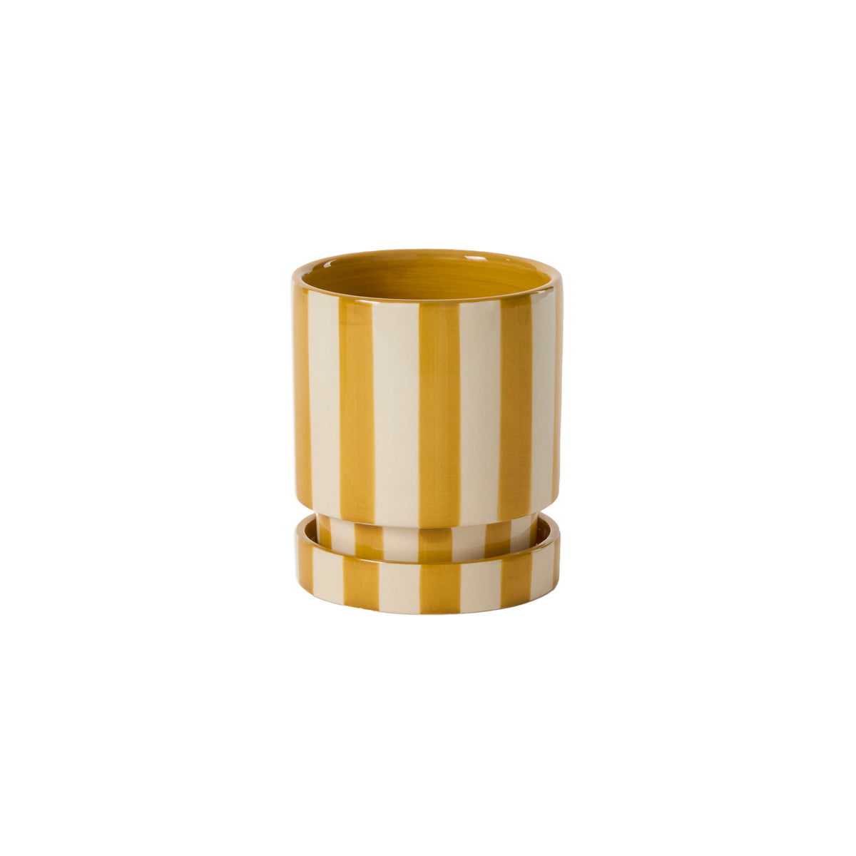Saffron yellow and white striped ceramic planter with saucer, 5 inch