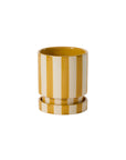 Saffron yellow and white striped ceramic planter with saucer, 5 inch