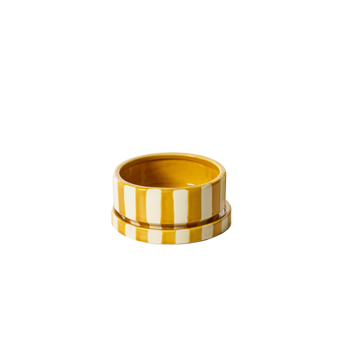 Low Saffron yellow and white striped ceramic planter with saucer, 6.5 inch