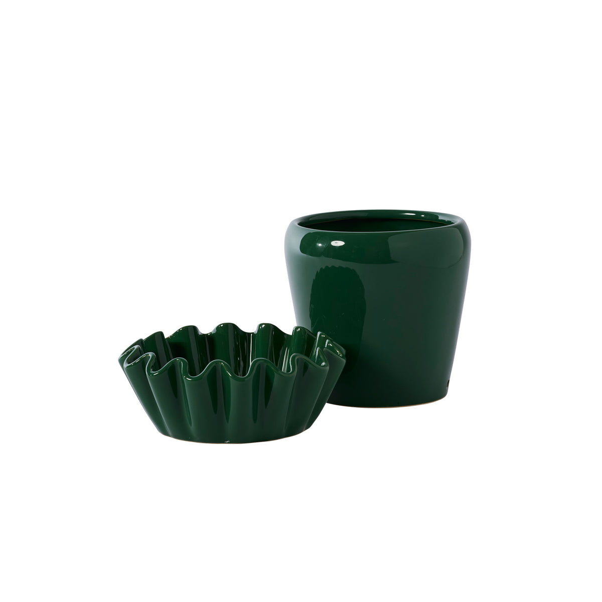 Lorelai glossy green ceramic planter with wavy saucer, 8 inch