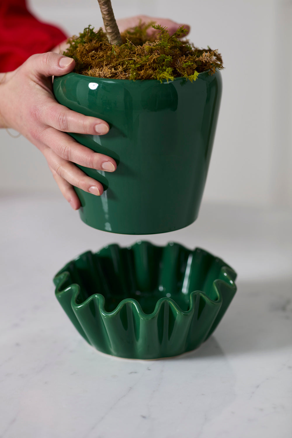 Lorelai glossy green ceramic planter with wavy saucer, 8 inch, view 3