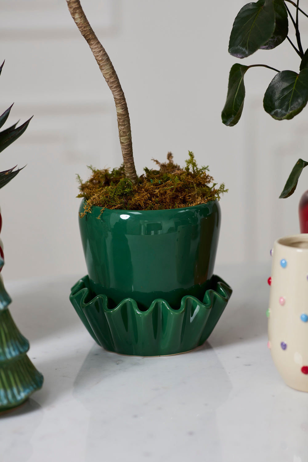 Lorelai glossy green ceramic planter with wavy saucer, 8 inch, view 2