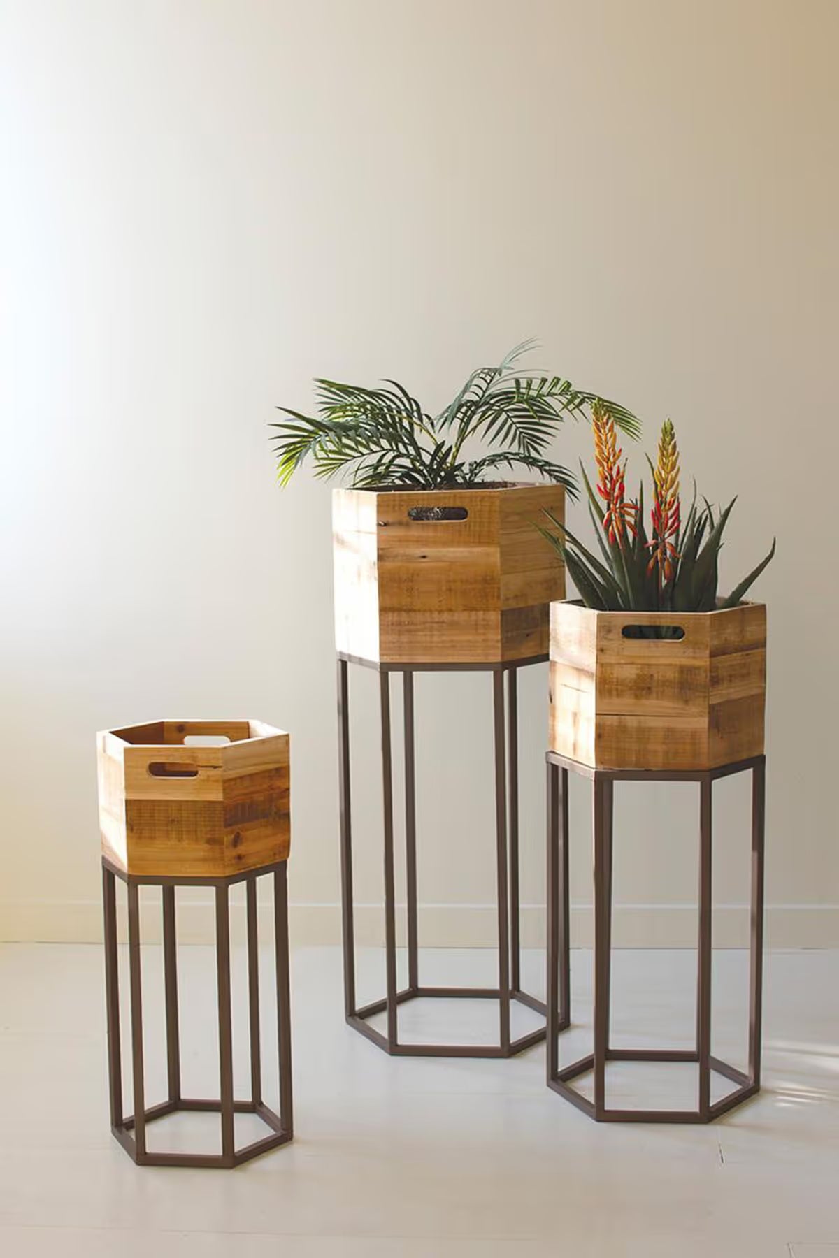 Hexagon Recycled Wood Planters on Metal Bases – Set of 3