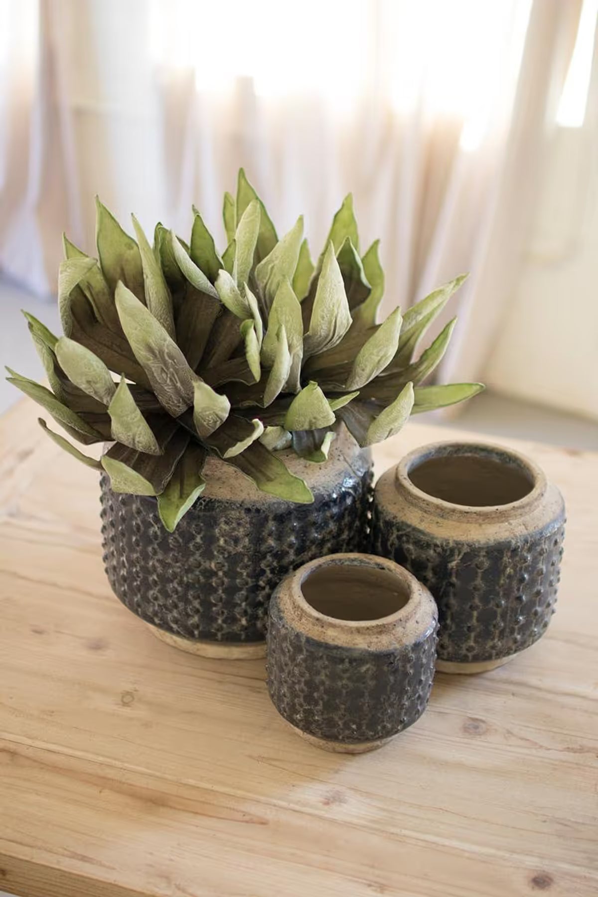 Dark Blue Knobby Ceramic Pots – Set of 3
