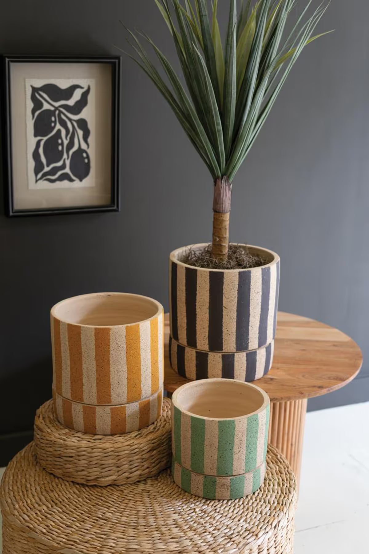 Striped Clay Planters with Trays – Set of 3
