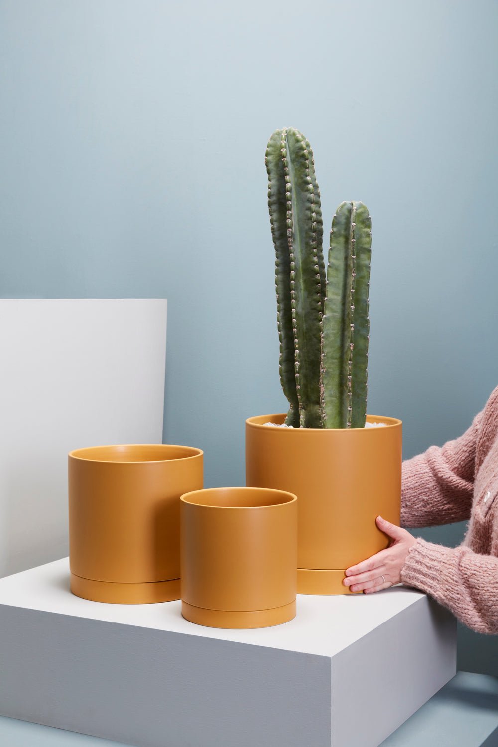 Romey Ceramic Planter with Drainage and Saucer, Ochre, 7 inch - Planty Love Co